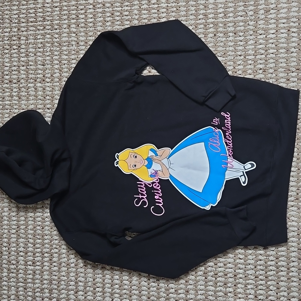 Disney Alice in Wonderland Hoodie XS 0 - 2 Sweater Stitched Stay Curious Top - Picture 2 of 2